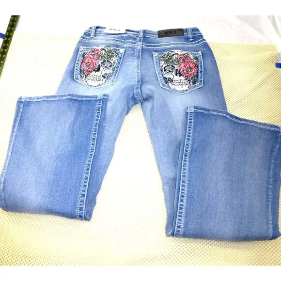 Sky Premium Collection Low Rise Flare Embroidered Skull & Floral Denim Jeans 11/ - Picture 2 of 15